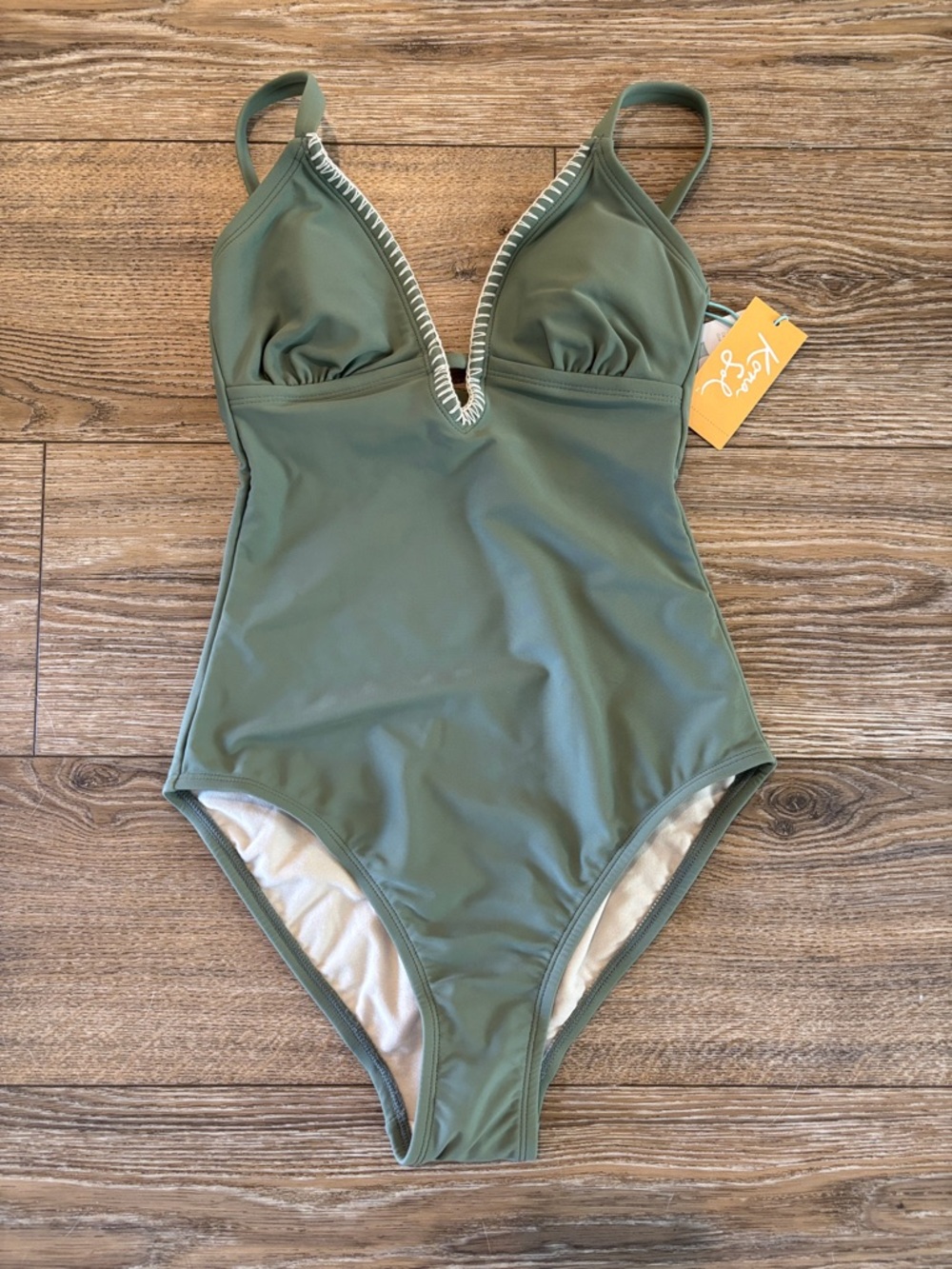 NWT Women’s Kona Sol OlivGreen One-Piece Swimsuit with V-Stitch Trim Size XS 0-2